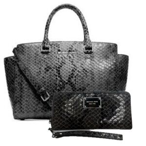 Michael Kors Selma  Snake Embossed Leather Dark Slate Satchel bag and wallet set